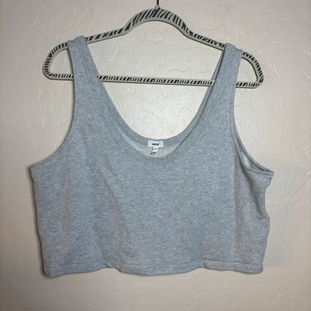 Aerie Gray Cropped Tank Top Size Large Cotton Scoop Neck Lace Trim